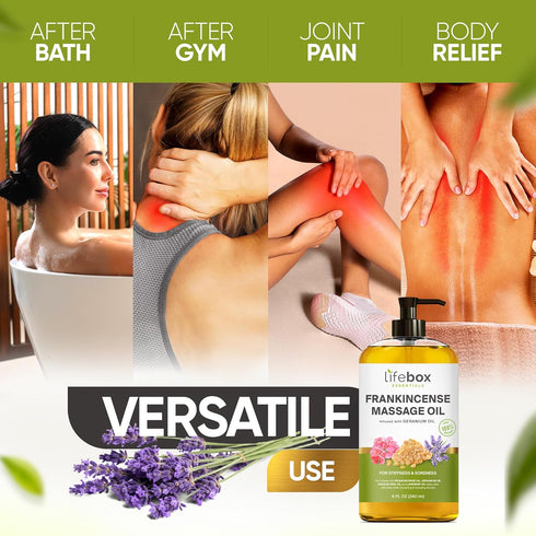 Frankincense Massage Oil – 100% Pure & Natural - Massage Therapy Oil for Soreness & Stiffness – Stretch Marks and Scars Body Oil Infused with Fran...