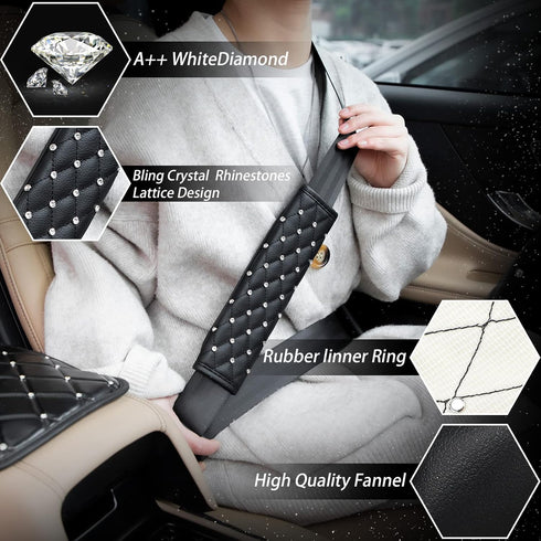 9 Pcs Bling Car Accessories Set for Women, Diamond Steering Wheel Cover, Rhinestone Center Console Pad Seat Safety Belt Pad Handbrake Cover Gear S...