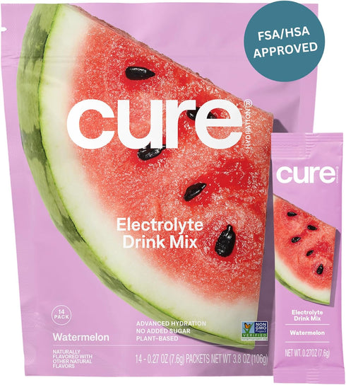 Cure Hydration | Plant-Based Electrolyte Drink Mix | No Added Sugar | Dehydration Relief Powder Made with Coconut Water | Non-GMO | Vegan | Pouch ...
