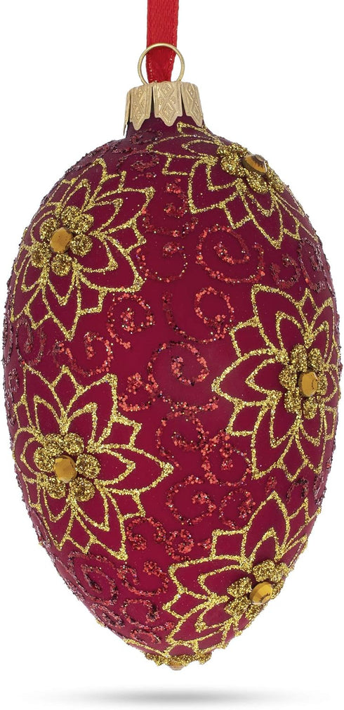 Golden Flower on Red Glass Egg Ornament 4 Inches...
