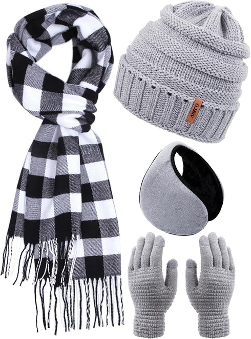 Aneco Winter Warm Knitted Sets Buffalo Plaid Scarf Beanie Hat Touch Screen Gloves and Winter Ear Warmer Set for Men or Women...