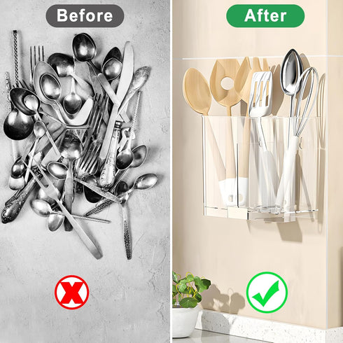 Utensil Holder for Kitchen, Wall Mount Plastic Clear Flatware Organizer Countertop...