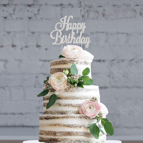 Happy Birthday Cake Topper - Premium Silver Metal - Happy Birthday Party Sparkly Rhinestone Decoration Makes a Great Centerpiece - Now Protected i...