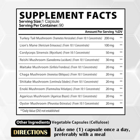 Satoomi 90 Capsules - 10in1 Turkey Tail Supplement with Lions Mane, Turkey Tail Mushroom, Reishi Mushroom & Others - for 90 Days...