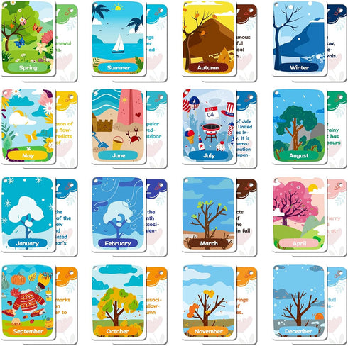 34 Season Flashcards for Kids,Waterproof Month Education Flash Cards, Children's Weather Educational Card, Double-Sided Festivals Toy Cards for To...