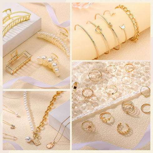 43 Pcs Gold Jewelry Set with 6 Pcs Necklace, 13 Pcs Bracelet, 20 Pcs Rings and 4 Pcs Hair Claw Clips Jewelry Set for Women Teens Gold Accessories ...