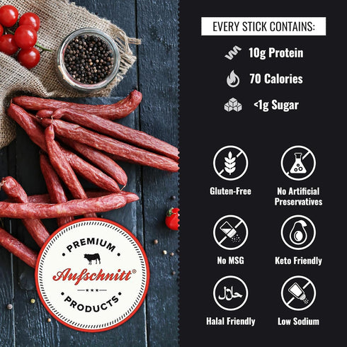 Aufschnitt Grass Fed Beef Jerky Sticks - Low Sodium, Certified Kosher - Halal and Keto Friendly - 6 Pack, Pepper......
