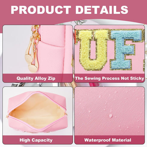 Preppy Patch Stuff Portable Makeup Bag Bulk Pu Leather Cosmetic Bag Waterproof Travel Organizer Zipper Pouch Storage Purse for Women Girls Gift (H...