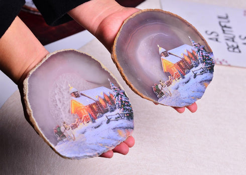 AMOYSTONE Large Agate Slice Art Painting Table Display Natural Agate Geode Stone Piece Decorative Plate with Stand Home Office Decoration Unique G...