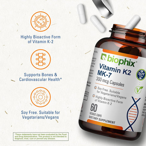 biophix Vitamin K2 MK-7-300 mcg 60 Vcaps - High-Potency Supports Strong Bones Immune Health and D-3...