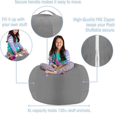 Posh Stuffable Kids Stuffed Animal Storage Bean Bag Chair Cover - Childrens Toy Organizer, X-Large 48" - Solid Gray...