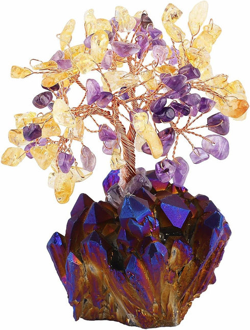 mookaitedecor Citrine & Amethyst Crystal Tree, Quartz Cluster Purple Titanium Crystals Base Bonsai Money Tree for Wealth and Luck...