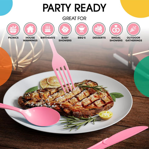 Exquisite Disposable Pink Plastic Knives 50 Pcs - Heavy Duty Pink Plastic Disposable Cutlery - Pink Disposable Flatware, Pink Plastic Silverware, ...