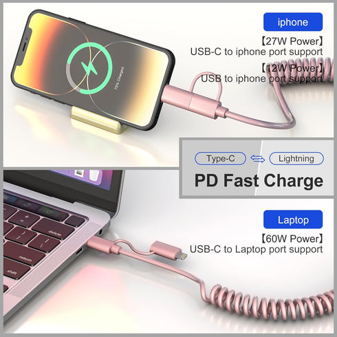 Coiled USB C to Lightning Cable 4 in 1, PD 60W Fast Charging & Data Sync,6FT Multi Charging Cable for Apple CarPlay & Android Auto,USB/USB C to US...
