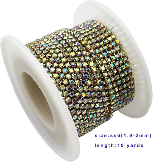 10 Yard Crystal AB Rhinestone Close Chain Clear Trim Sewing Craft (Gold, 2mm)...
