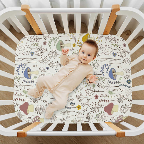 Fitted Crib Sheets Wild Plants Mushroom Stretchy Portable Playard Sheets for Baby Toddler, Breathable Soft Mini Crib Mattress 39 x 27 in for Boys ...