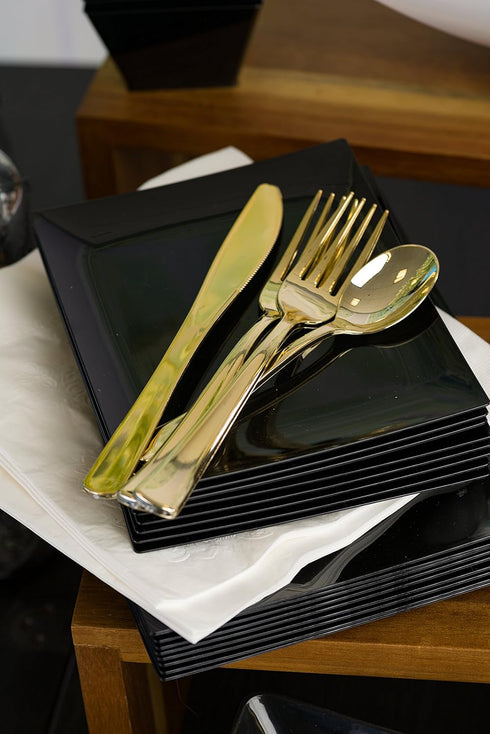 Plastic Cutlery Silverware Extra Heavyweight Disposable Flatware, Full Size Plastic Spoons Like Gold 24 Pack...