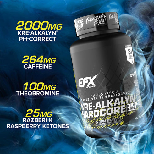 EFX Sports Kre-Alkalyn Hardcore | Thermogenic pH Correct Creatine Monohydrate Pill Supplement | Energy & Strength Pre Workout | 40 Servings, 120 C...