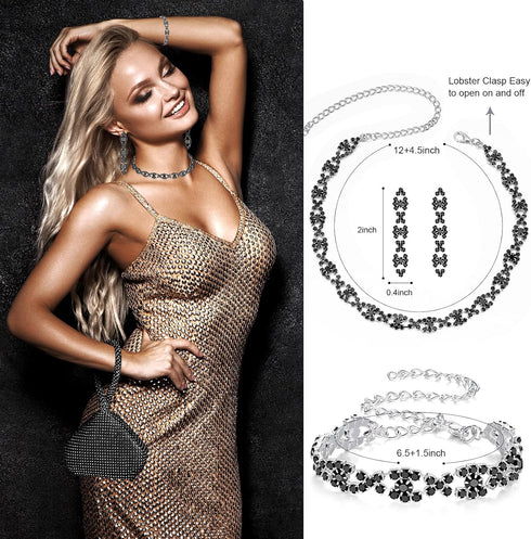 MTLEE 4 Pieces Rhinestone Necklace Choker Bracelet Earring Clutch Purses Jewelry Set Women Crystal Triangle Bling Diamond Purse Rhinestone Bag for...