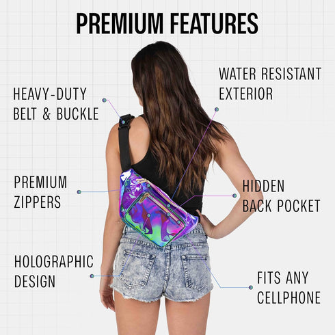 Holographic Fanny Pack Belt bag - Crossbody Waist Bag for Men or Women - Hands-Free, Waterproof Large Bumbag for Hiking, Running, and Travel (purp...