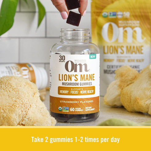 Om Mushroom Superfood | Lion's Mane Gummies | USA Grown Organic Mushrooms |Memory, Focus, Clarity, Nerve Health & Mood Support | 60 Count, 30 Serv...