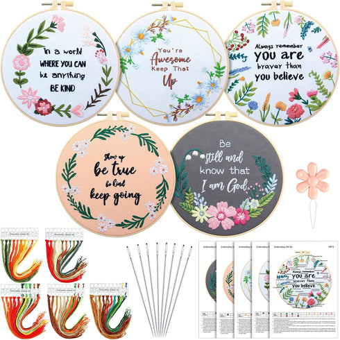 5 Sets Inspired Quote Embroidery Kit for Beginner Adult Motivational Embroidery Starter Kit Floral Cross Stamped Needlepoint Kit Embroidery Hoops ...