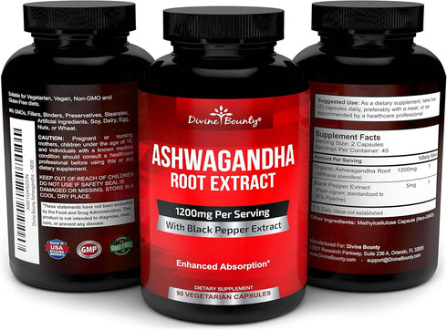 Divine Bounty Organic Ashwagandha Capsules - 1200mg Ashwagandha Powder with Black Pepper for Enhanced Absorption - Ashwaganda Supplement for Calmn...