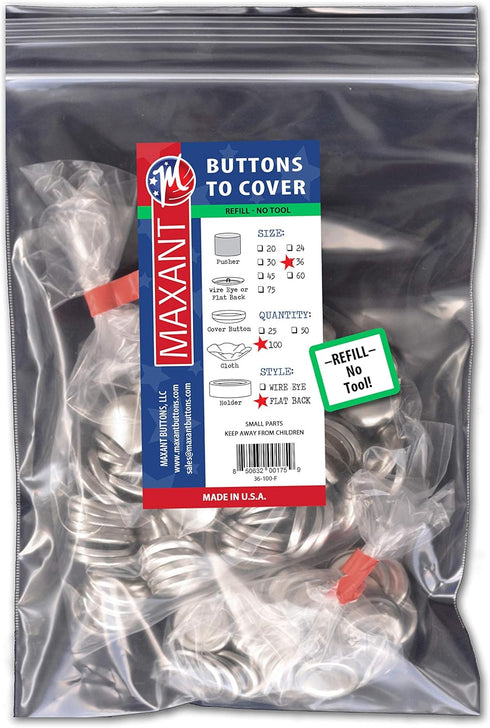 100 Buttons to Cover - Made in USA - Cover Buttons with Flat Backs Size 36 (7/8")(NO Wire)...