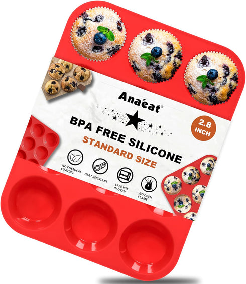 Anaeat Silicone Muffin Pan - Regular 12 Cups Cupcake Tray, Non-Stick Silicone Baking Molds for Making Muffin Cakes, Cupcake, Chocolate, Bread,Tart...