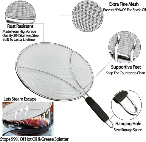 Large Splatter Screen for Frying Pan, 15 Inch Stainless Steel Grease Splatter Guard, Mesh Frying Screen Keeps Kitchen Clean and Protects Skin From...
