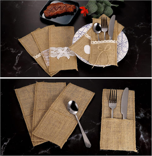 uxcell Burlap Lace Utensil Holders, 10Pcs Knife Forks Napkin Silverware Holder Bag Cutlery Pouch for Wedding Party Decoration...