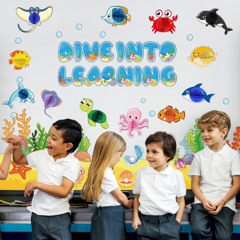 Ocean Fish Bulletin Board Classroom Decorations Under The Sea Bulletin Board Set Sea Animal Life Paper Cutouts for Ocean Tropical Fish Theme Class...