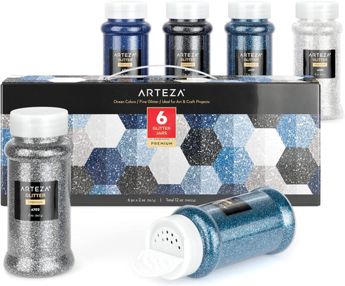 Arteza Fine Glitter Set, 6 x 2-oz Bottles, Ocean-Toned Glitter for Resin, Glue, Acrylic Paint, Arts and Crafts Supplies for Creating DIY Projects ...