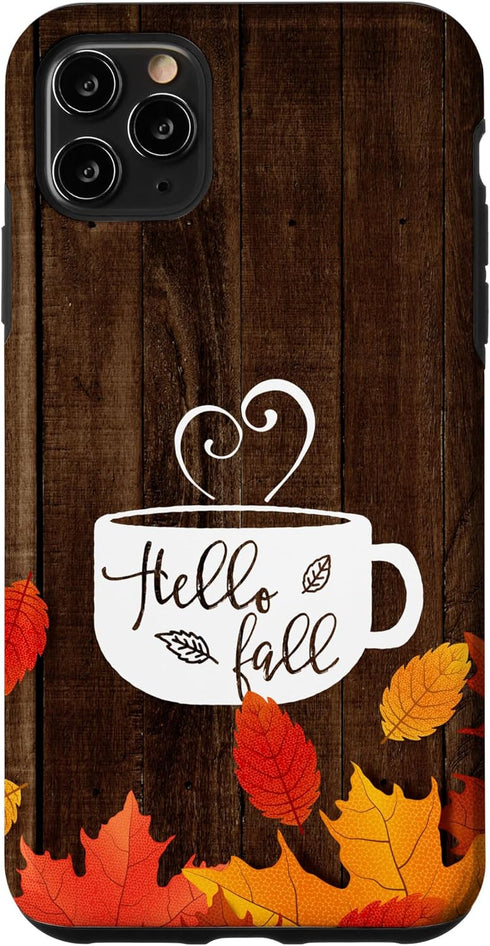 Hello Fall Coffee Mug Autumn Leaves Happy Fall Feeling Case for iPhone 11 Pro Max...