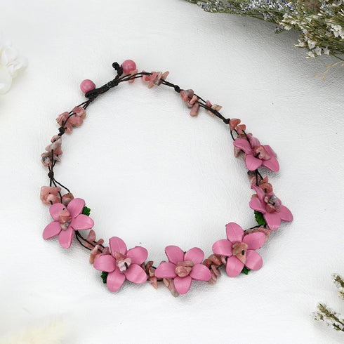 AeraVida Cute Flower Garden Pink Leather and Reconstructed Red Coral Choker Necklace | Leather Flower Choker Necklace | Pink Leather Necklace for ...