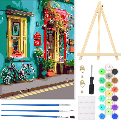 HEIBAGO Paint by Numbers Kit for Adults 12"x16" Framed Canvas&Wooden Easel, DIY Acrylic Paint by Numbers Kits for Adults Beginner, Street Bicycle ...