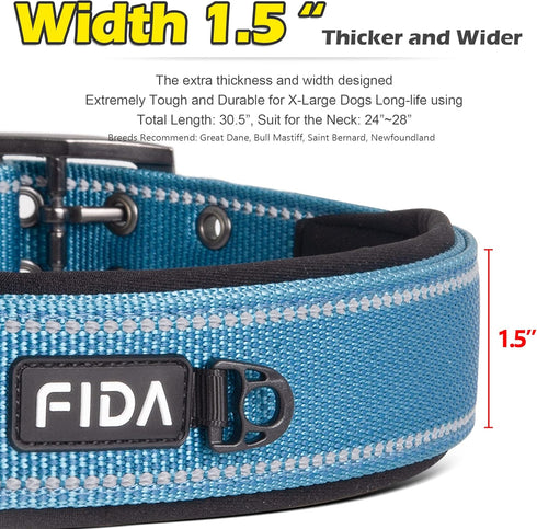 Fida Heavy Duty Dog Collar 1.5” Width, Ultra Soft Neoprene Padded, Adjustable Reflective Nylon Pet Collar with Two Metal Pin Belt Buckle for Extra...