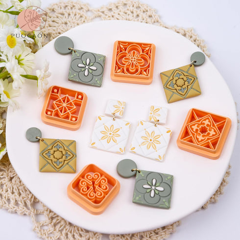 Puocaon Ceramic Tile Clay Cutters - 8 Pcs Bohemain Floral Tile Polymer Clay Cutters for Jewelry Making, Majolica Tile Earrings Clay Cutters, Porce...