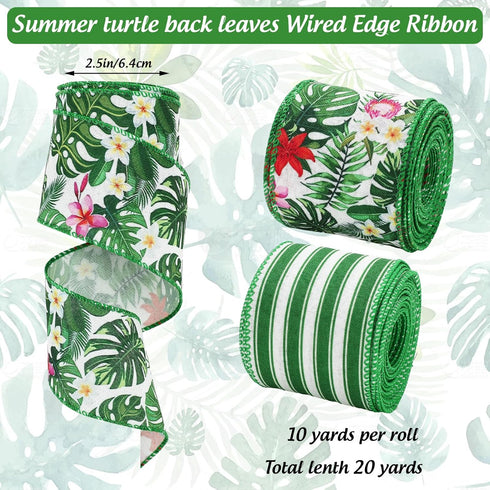 Palm Leaf Stripe Wired Edge Ribbon Tropical Green Floral Craft Fabric Ribbon for Summer Wreath Bow DIY Wrapping Party Decor, 2 Rolls, 20 Yard...
