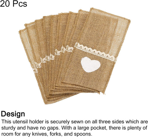 uxcell Burlap Lace Utensil Holders, 20Pcs Knife Forks Napkin Silverware Holder Bag Cutlery Pouch for Wedding Dinner Decor...