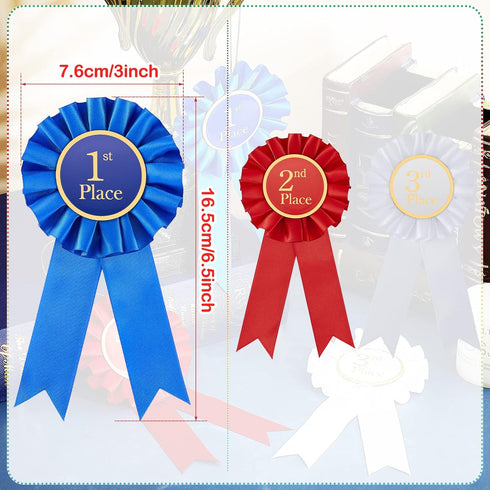 6 Pieces Award Ribbon Rosette Set Satin Participation Ribbon Honorable Ribbon Badge Blue Red and White Prize Ribbons 1st 2nd 3rd Place Medals for ...