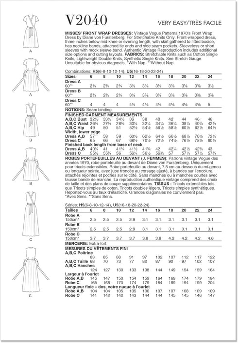 Vogue V2040H5 Misses' DVF Wrap Dress Sewing Pattern Packet by Diane Von Furstenberg, Design Code V2040, Sizes 6-8-10-12-14...