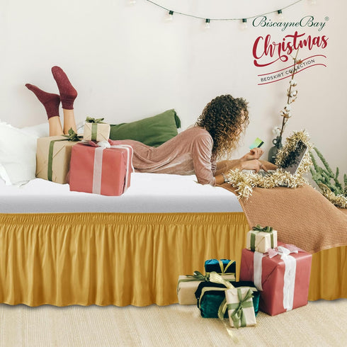 Biscaynebay Wrap Around Bed Skirts for Queen Beds with Short Drop of 12", Gold Adjustable Elastic Dust Ruffles Easy Fit Wrinkle Resistant Silky Lu...