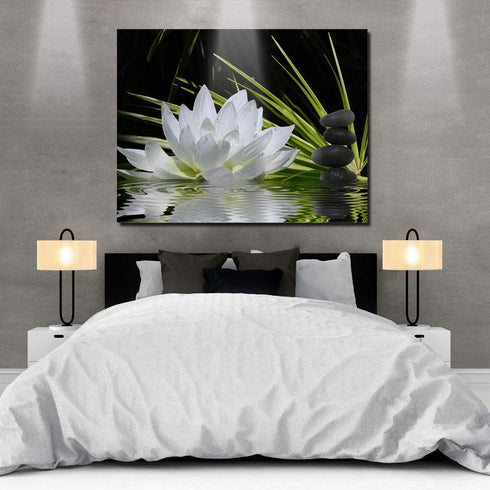 Canvas Wall Art - White Lotus and Black Zen Stones Picture - Modern Wall Decor Gallery Canvas Wraps Giclee Print Stretched and Framed Ready to Han...