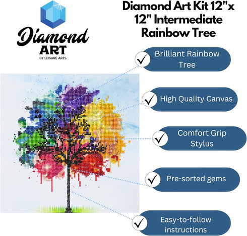 DIAMOND ART BY LEISURE ARTS Diamond Painting Kits for Adults 12"X12" Intermediate Rainbow Tree, Full Drill, Art Kits, Dimond Art, for Adults, Kit...