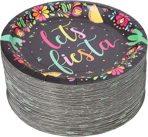 80 Pack Let's Fiesta Party Plates - 7 inch Festive Decorative Dinnerware for Parties and Special Occasions (Black) - Fiesta Plates...