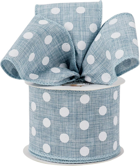 HUIHUANG Denim Blue and White Polka Dot Wired Ribbon 2-1/2 inch, Wire Edge Dots Burlap Ribbon for Wreath Supplies Bows Making DIY Crafts Home Outd...