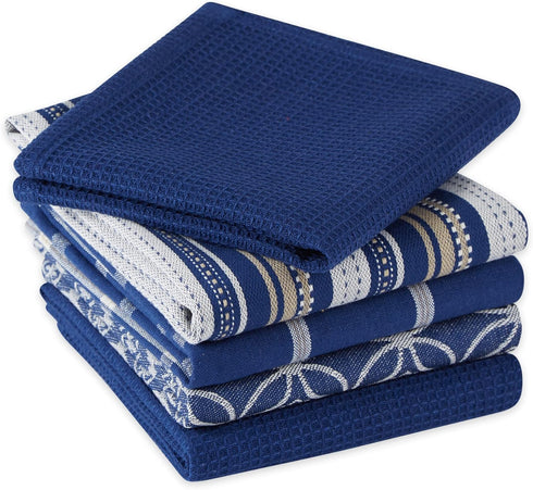 DII Assorted Woven Kitchen Set, Dishtowel, 18x28, Dishcloth, 13x13, Nautical Blue, 5 Piece...