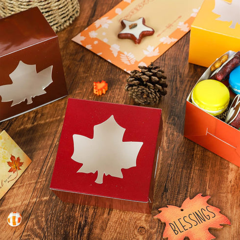 AnyDesign 24Pcs Fall Treat Boxes 4 Colors Cardboard Box with Maple Leaf Shape Window Autumn Thanksgiving Paper Gift Container for Cookie Goodie Ca...