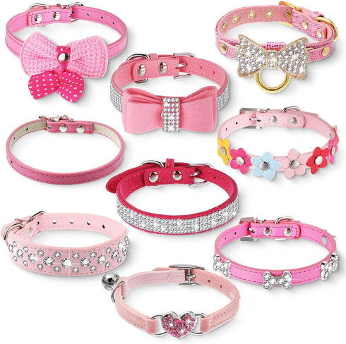 9 Pieces Pink Rhinestones Dog Collar PU Leather Girl Puppy Collars Bling Crystal Cat Dog Collar with Bow Bone Heart Flower for Pets Dogs Cats Coll...